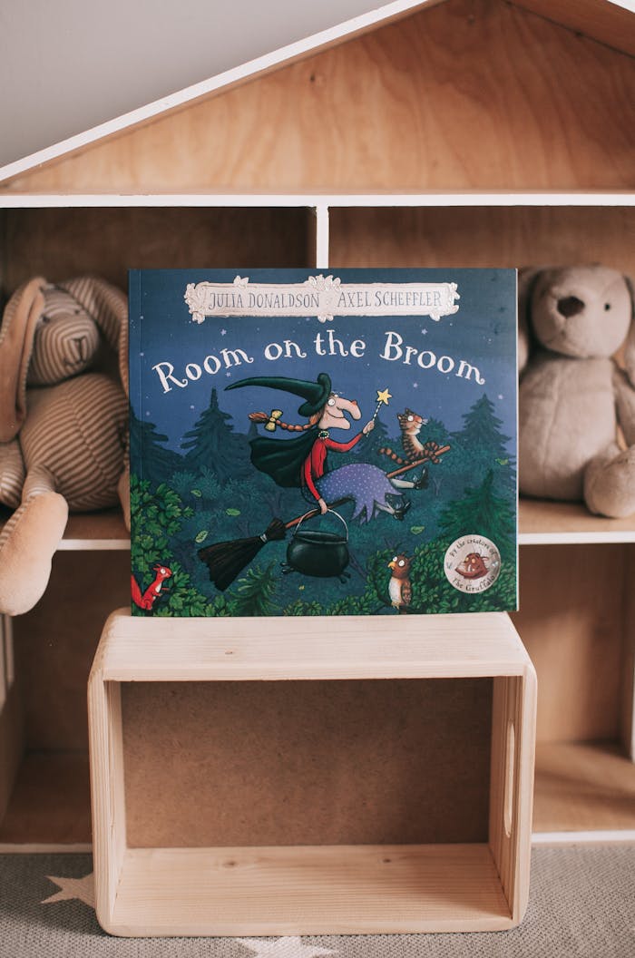 Offerings Children's book 'Room on the Broom' displayed with stuffed toys in a cozy nursery.
