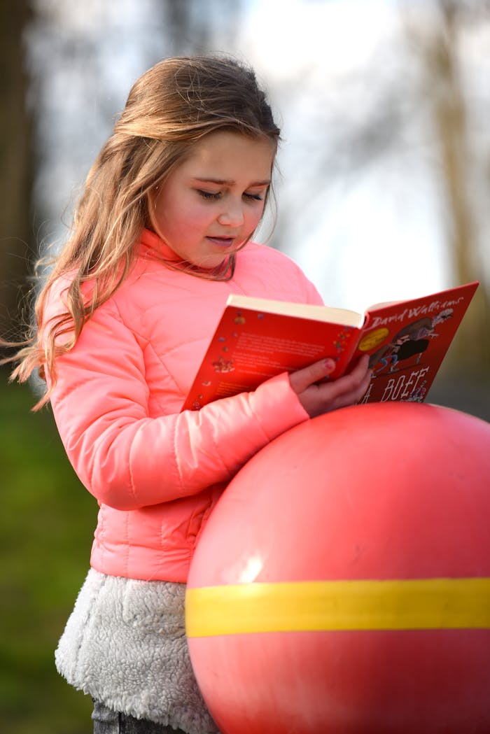 Offerings Young girl in pink jacket reading outdoors, engaged in a book with focus and curiosity.